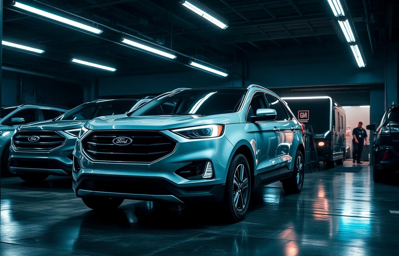 Ford and GM vehicles in a service bay